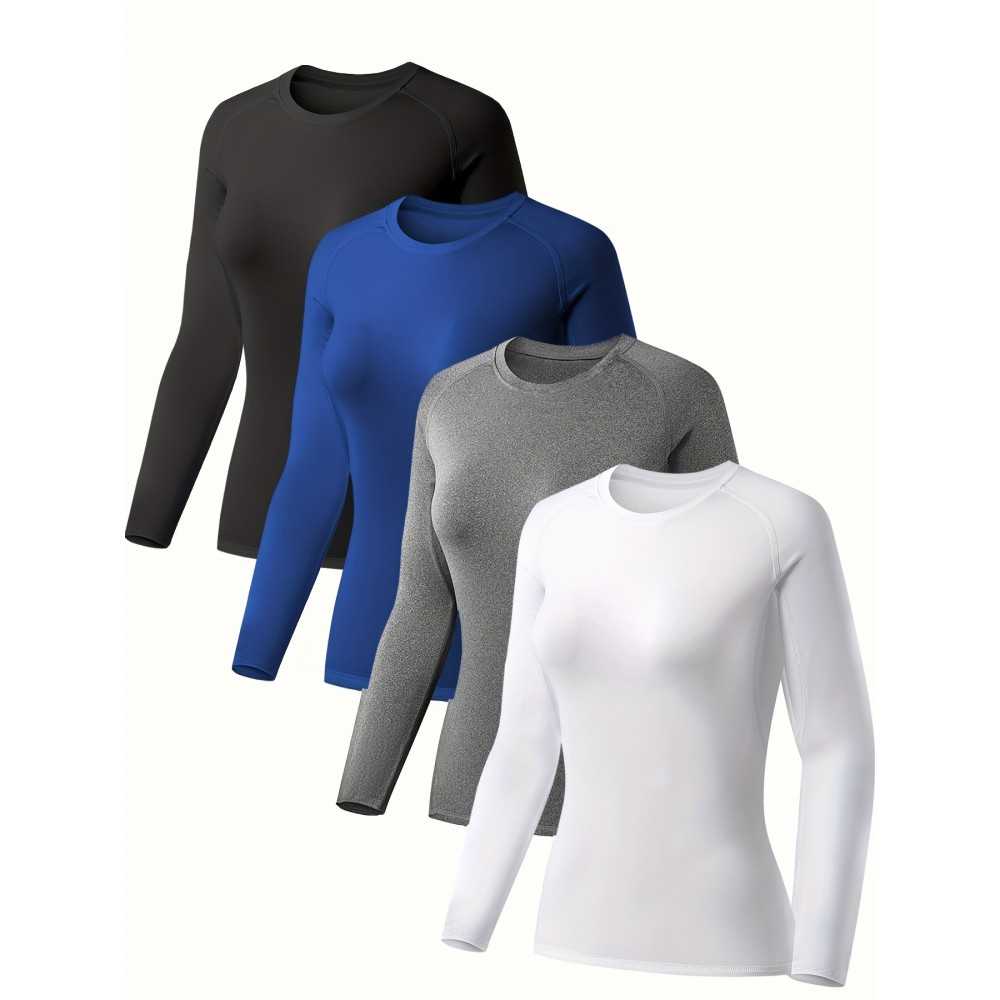 4 Pcs/Pack Women's Solid Color Sports Basics, Crew Neck Long Sleeve Comfortable Yoga Fitness Workout Top, Women's Activewear 4 Pcs/Pack Women's Solid Color Sports Basics, Crew Neck Long Sleeve Comfortable Yoga Fitness Workout Top, Women's Activewear