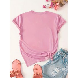 Cartoon & Letter Casual T-Shirt, Crew Neck Short Sleeves Slight Stretch Sports Tee, Women's Activewear Cartoon & Letter Casual T-Shirt, Crew Neck Short Sleeves Slight Stretch Sports Tee, Women's Activewear