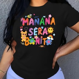 Cartoon & Letter Casual T-Shirt, Crew Neck Short Sleeves Slight Stretch Sports Tee, Women's Activewear Cartoon & Letter Casual T-Shirt, Crew Neck Short Sleeves Slight Stretch Sports Tee, Women's Activewear