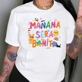 Cartoon & Letter Casual T-Shirt, Crew Neck Short Sleeves Slight Stretch Sports Tee, Women's Activewear Cartoon & Letter Casual T-Shirt, Crew Neck Short Sleeves Slight Stretch Sports Tee, Women's Activewear