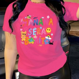 Cartoon & Letter Casual T-Shirt, Crew Neck Short Sleeves Slight Stretch Sports Tee, Women's Activewear Cartoon & Letter Casual T-Shirt, Crew Neck Short Sleeves Slight Stretch Sports Tee, Women's Activewear