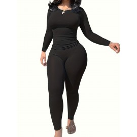 2pcs Solid Color Yoga Workout Set, Long Sleeve Round Neck Top & High Stretch Running Sports Leggings Suit, Women's Activewear 2pcs Solid Color Yoga Workout Set, Long Sleeve Round Neck Top & High Stretch Running Sports Leggings Suit, Women's Activewear