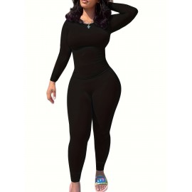 2pcs Solid Color Yoga Workout Set, Long Sleeve Round Neck Top & High Stretch Running Sports Leggings Suit, Women's Activewear 2pcs Solid Color Yoga Workout Set, Long Sleeve Round Neck Top & High Stretch Running Sports Leggings Suit, Women's Activewear