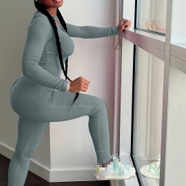 2pcs Solid Color Yoga Workout Set, Long Sleeve Round Neck Top & High Stretch Running Sports Leggings Suit, Women's Activewear 2pcs Solid Color Yoga Workout Set, Long Sleeve Round Neck Top & High Stretch Running Sports Leggings Suit, Women's Activewear