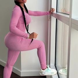 2pcs Solid Color Yoga Workout Set, Long Sleeve Round Neck Top & High Stretch Running Sports Leggings Suit, Women's Activewear 2pcs Solid Color Yoga Workout Set, Long Sleeve Round Neck Top & High Stretch Running Sports Leggings Suit, Women's Activewear