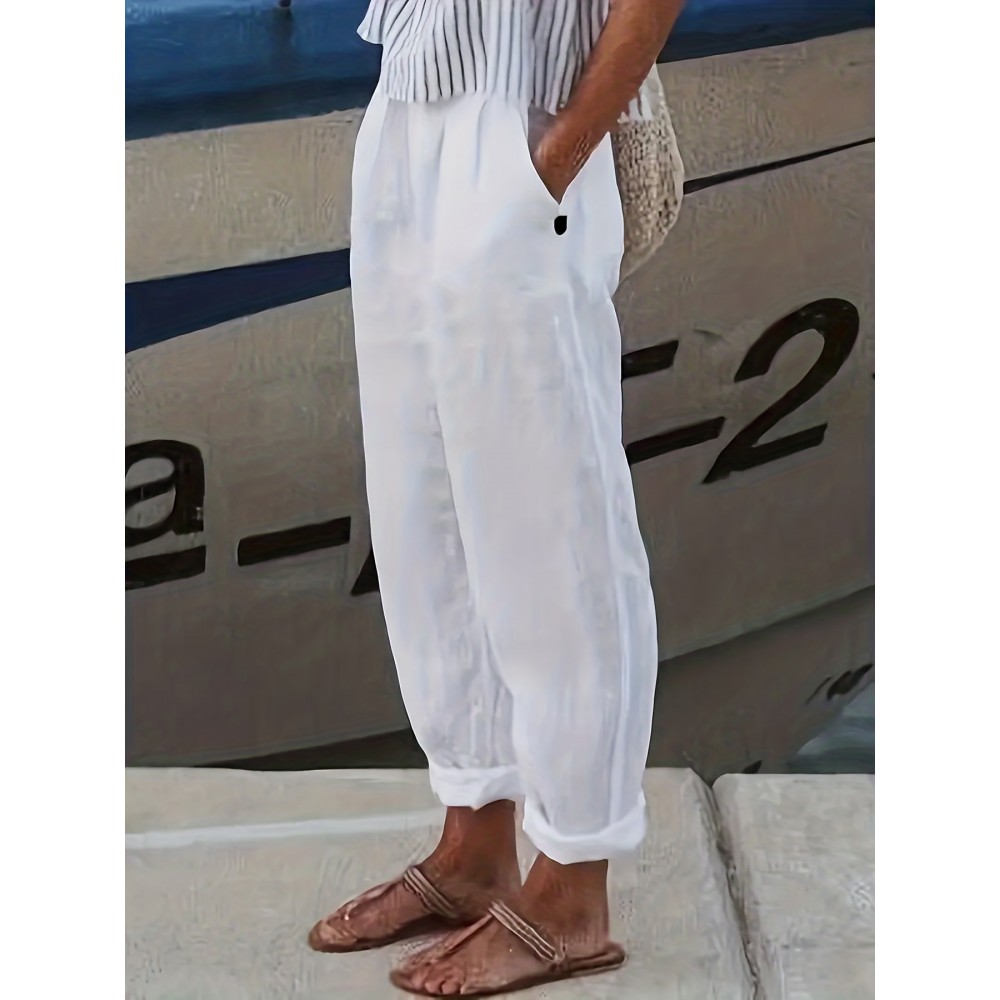 Elastic Waist Solid Color Casual Pants, Loose Sports Pants With Pocket, Women's Athleisure Elastic Waist Solid Color Casual Pants, Loose Sports Pants With Pocket, Women's Athleisure