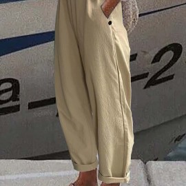 Elastic Waist Solid Color Casual Pants, Loose Sports Pants With Pocket, Women's Athleisure Elastic Waist Solid Color Casual Pants, Loose Sports Pants With Pocket, Women's Athleisure