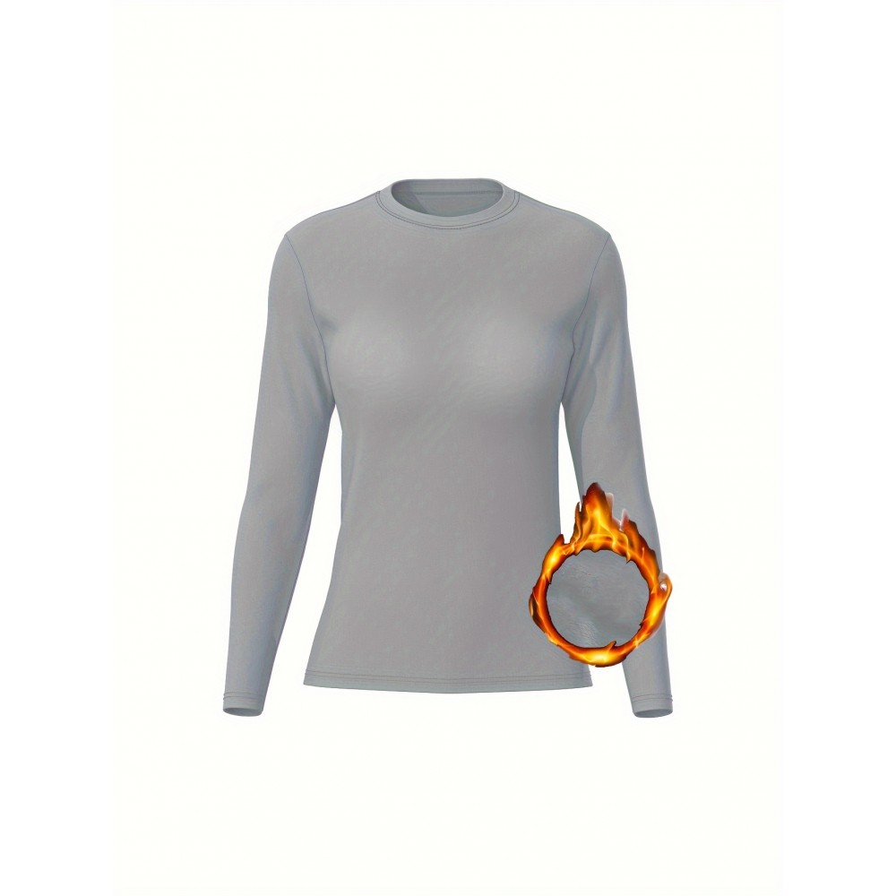 Fleece Liner Comfy Sports T-Shirt, Round Neck Long Sleeves Solid Color Sporty Tee, Women's Activewear Fleece Liner Comfy Sports T-Shirt, Round Neck Long Sleeves Solid Color Sporty Tee, Women's Activewear