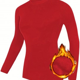 Fleece Liner Comfy Sports T-Shirt, Round Neck Long Sleeves Solid Color Sporty Tee, Women's Activewear Fleece Liner Comfy Sports T-Shirt, Round Neck Long Sleeves Solid Color Sporty Tee, Women's Activewear