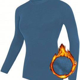 Fleece Liner Comfy Sports T-Shirt, Round Neck Long Sleeves Solid Color Sporty Tee, Women's Activewear Fleece Liner Comfy Sports T-Shirt, Round Neck Long Sleeves Solid Color Sporty Tee, Women's Activewear