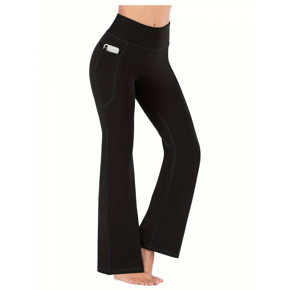 High Stretchy Soft Solid Sports Flare Pants, Butt Lifting Slim Running Yoga Flared Leggings With Pocket, Women's Activewear High Stretchy Soft Solid Sports Flare Pants, Butt Lifting Slim Running Yoga Flared Leggings With Pocket, Women's Activewear