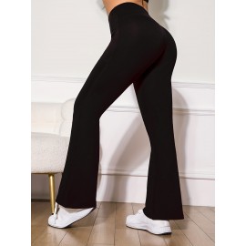High Stretchy Soft Solid Sports Flare Pants, Butt Lifting Slim Running Yoga Flared Leggings With Pocket, Women's Activewear High Stretchy Soft Solid Sports Flare Pants, Butt Lifting Slim Running Yoga Flared Leggings With Pocket, Women's Activewear