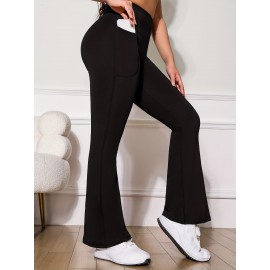 High Stretchy Soft Solid Sports Flare Pants, Butt Lifting Slim Running Yoga Flared Leggings With Pocket, Women's Activewear High Stretchy Soft Solid Sports Flare Pants, Butt Lifting Slim Running Yoga Flared Leggings With Pocket, Women's Activewear