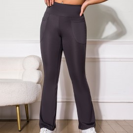 High Stretchy Soft Solid Sports Flare Pants, Butt Lifting Slim Running Yoga Flared Leggings With Pocket, Women's Activewear High Stretchy Soft Solid Sports Flare Pants, Butt Lifting Slim Running Yoga Flared Leggings With Pocket, Women's Activewear
