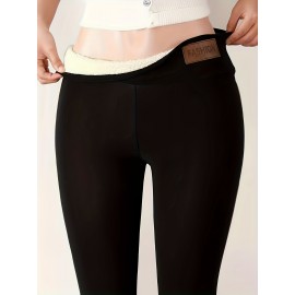 Women's Solid Color Tight-fitting Warm And Comfortable Fleece Leggings, High Elastic Warm Tight Pants For Fall Winter, Women's Activewear Women's Solid Color Tight-fitting Warm And Comfortable Fleece Leggings, High Elastic Warm Tight Pants For Fall Winter, Women's Activewear