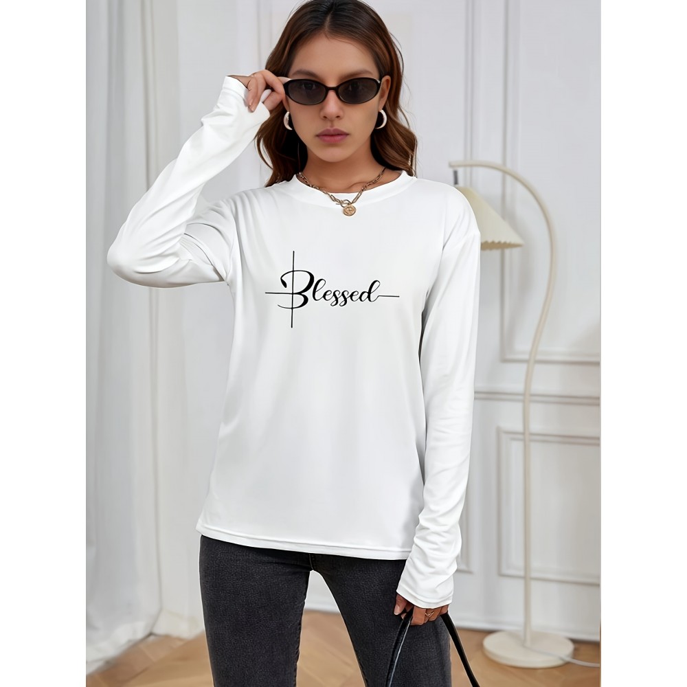 Blessed Print Crew Neck T-shirt, Casual Long Sleeve T-shirt, Women's Clothing Blessed Print Crew Neck T-shirt, Casual Long Sleeve T-shirt, Women's Clothing
