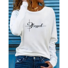 Blessed Print Crew Neck T-shirt, Casual Long Sleeve T-shirt, Women's Clothing Blessed Print Crew Neck T-shirt, Casual Long Sleeve T-shirt, Women's Clothing
