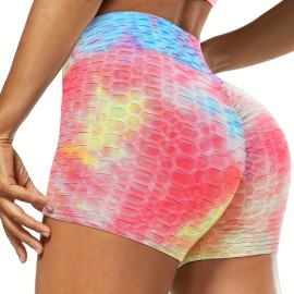 Plain Honeycomb Sporty Yoga Short, Slim Fit Butt Lifting High Waist Sports Short, Women's Activewear Plain Honeycomb Sporty Yoga Short, Slim Fit Butt Lifting High Waist Sports Short, Women's Activewear