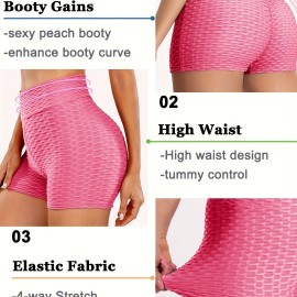 Plain Honeycomb Sporty Yoga Short, Slim Fit Butt Lifting High Waist Sports Short, Women's Activewear Plain Honeycomb Sporty Yoga Short, Slim Fit Butt Lifting High Waist Sports Short, Women's Activewear