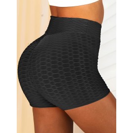 Plain Honeycomb Sporty Yoga Short, Slim Fit Butt Lifting High Waist Sports Short, Women's Activewear Plain Honeycomb Sporty Yoga Short, Slim Fit Butt Lifting High Waist Sports Short, Women's Activewear