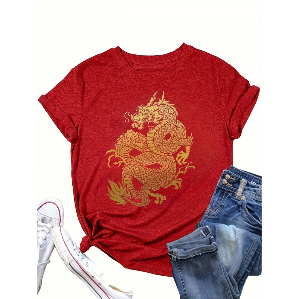 Dragon Print Crew Neck T-Shirt, Casual Short Sleeve Top For Spring & Summer, Women's Clothing Dragon Print Crew Neck T-Shirt, Casual Short Sleeve Top For Spring & Summer, Women's Clothing