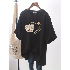 Bear & Heart Print Crew Neck T-Shirt, Casual Short Sleeve T-Shirt For Spring & Summer, Women's Clothing Bear & Heart Print Crew Neck T-Shirt, Casual Short Sleeve T-Shirt For Spring & Summer, Women's Clothing