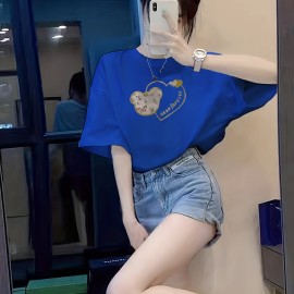 Bear & Heart Print Crew Neck T-Shirt, Casual Short Sleeve T-Shirt For Spring & Summer, Women's Clothing Bear & Heart Print Crew Neck T-Shirt, Casual Short Sleeve T-Shirt For Spring & Summer, Women's Clothing