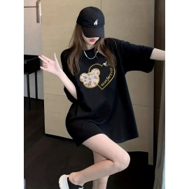 Bear & Heart Print Crew Neck T-Shirt, Casual Short Sleeve T-Shirt For Spring & Summer, Women's Clothing Bear & Heart Print Crew Neck T-Shirt, Casual Short Sleeve T-Shirt For Spring & Summer, Women's Clothing