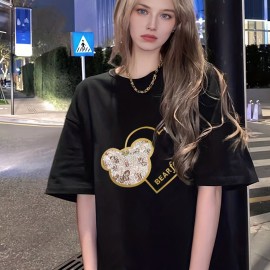 Bear & Heart Print Crew Neck T-Shirt, Casual Short Sleeve T-Shirt For Spring & Summer, Women's Clothing Bear & Heart Print Crew Neck T-Shirt, Casual Short Sleeve T-Shirt For Spring & Summer, Women's Clothing