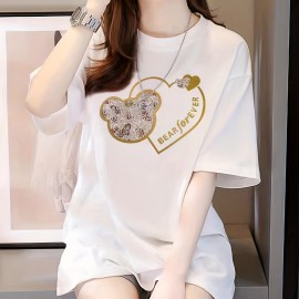 Bear & Heart Print Crew Neck T-Shirt, Casual Short Sleeve T-Shirt For Spring & Summer, Women's Clothing Bear & Heart Print Crew Neck T-Shirt, Casual Short Sleeve T-Shirt For Spring & Summer, Women's Clothing