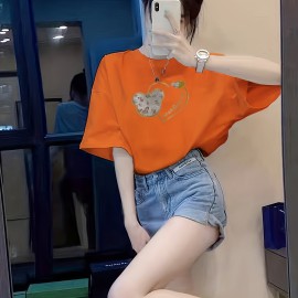 Bear & Heart Print Crew Neck T-Shirt, Casual Short Sleeve T-Shirt For Spring & Summer, Women's Clothing Bear & Heart Print Crew Neck T-Shirt, Casual Short Sleeve T-Shirt For Spring & Summer, Women's Clothing