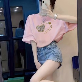 Bear & Heart Print Crew Neck T-Shirt, Casual Short Sleeve T-Shirt For Spring & Summer, Women's Clothing Bear & Heart Print Crew Neck T-Shirt, Casual Short Sleeve T-Shirt For Spring & Summer, Women's Clothing