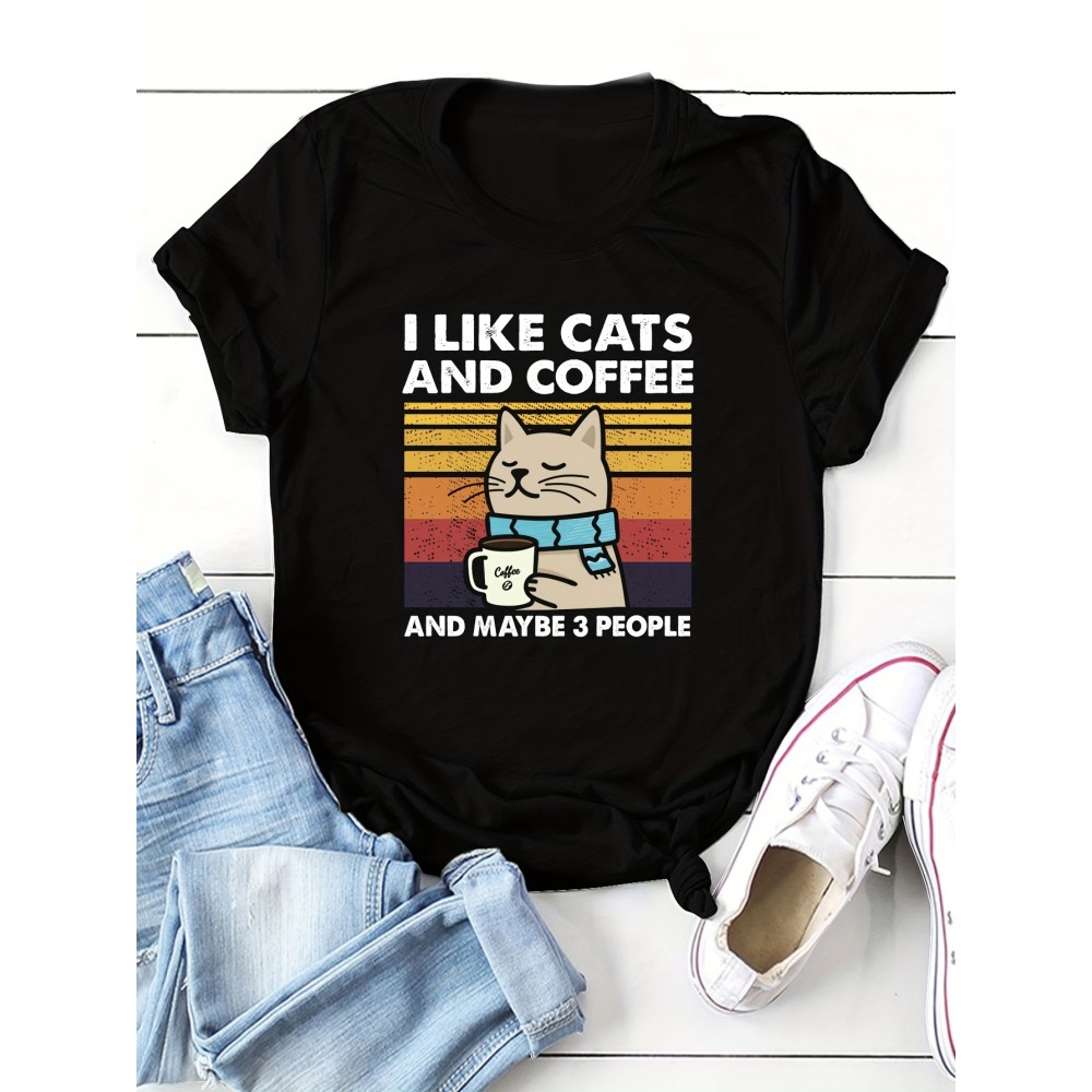 Cat & Coffee Print T-shirt, Casual Crew Neck Short Sleeve T-shirt, Women's Clothing Cat & Coffee Print T-shirt, Casual Crew Neck Short Sleeve T-shirt, Women's Clothing