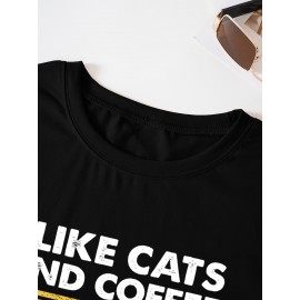 Cat & Coffee Print T-shirt, Casual Crew Neck Short Sleeve T-shirt, Women's Clothing Cat & Coffee Print T-shirt, Casual Crew Neck Short Sleeve T-shirt, Women's Clothing