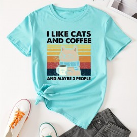 Cat & Coffee Print T-shirt, Casual Crew Neck Short Sleeve T-shirt, Women's Clothing Cat & Coffee Print T-shirt, Casual Crew Neck Short Sleeve T-shirt, Women's Clothing