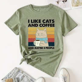 Cat & Coffee Print T-shirt, Casual Crew Neck Short Sleeve T-shirt, Women's Clothing Cat & Coffee Print T-shirt, Casual Crew Neck Short Sleeve T-shirt, Women's Clothing