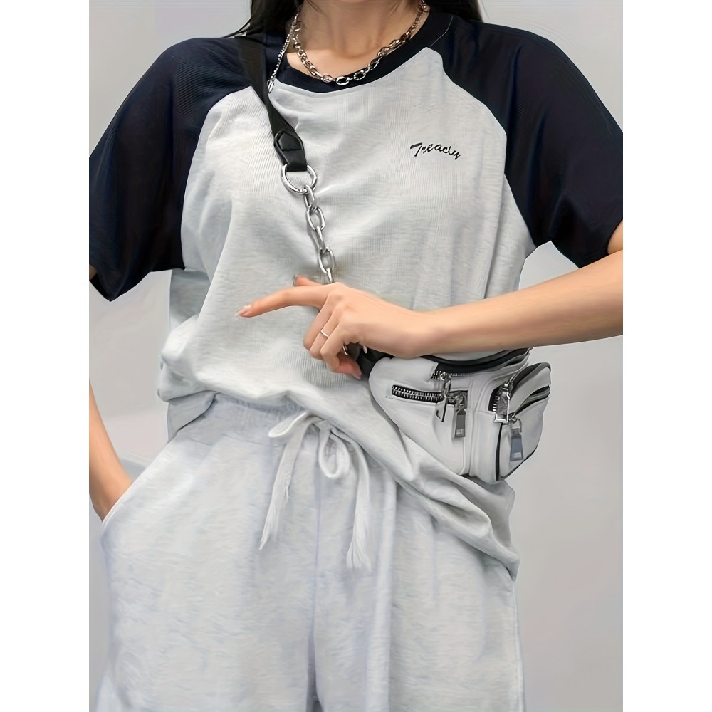 Color Block Daily T-shirt, Casual Crew Neck Short Sleeve T-shirt, Women's Clothing Color Block Daily T-shirt, Casual Crew Neck Short Sleeve T-shirt, Women's Clothing