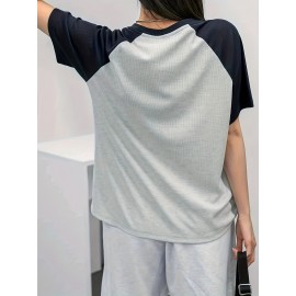 Color Block Daily T-shirt, Casual Crew Neck Short Sleeve T-shirt, Women's Clothing Color Block Daily T-shirt, Casual Crew Neck Short Sleeve T-shirt, Women's Clothing