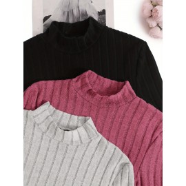 3 Packs Ribbed Mock Neck T-Shirts, Casual Long Sleeve Top For Spring & Fall, Women's Clothing 3 Packs Ribbed Mock Neck T-Shirts, Casual Long Sleeve Top For Spring & Fall, Women's Clothing