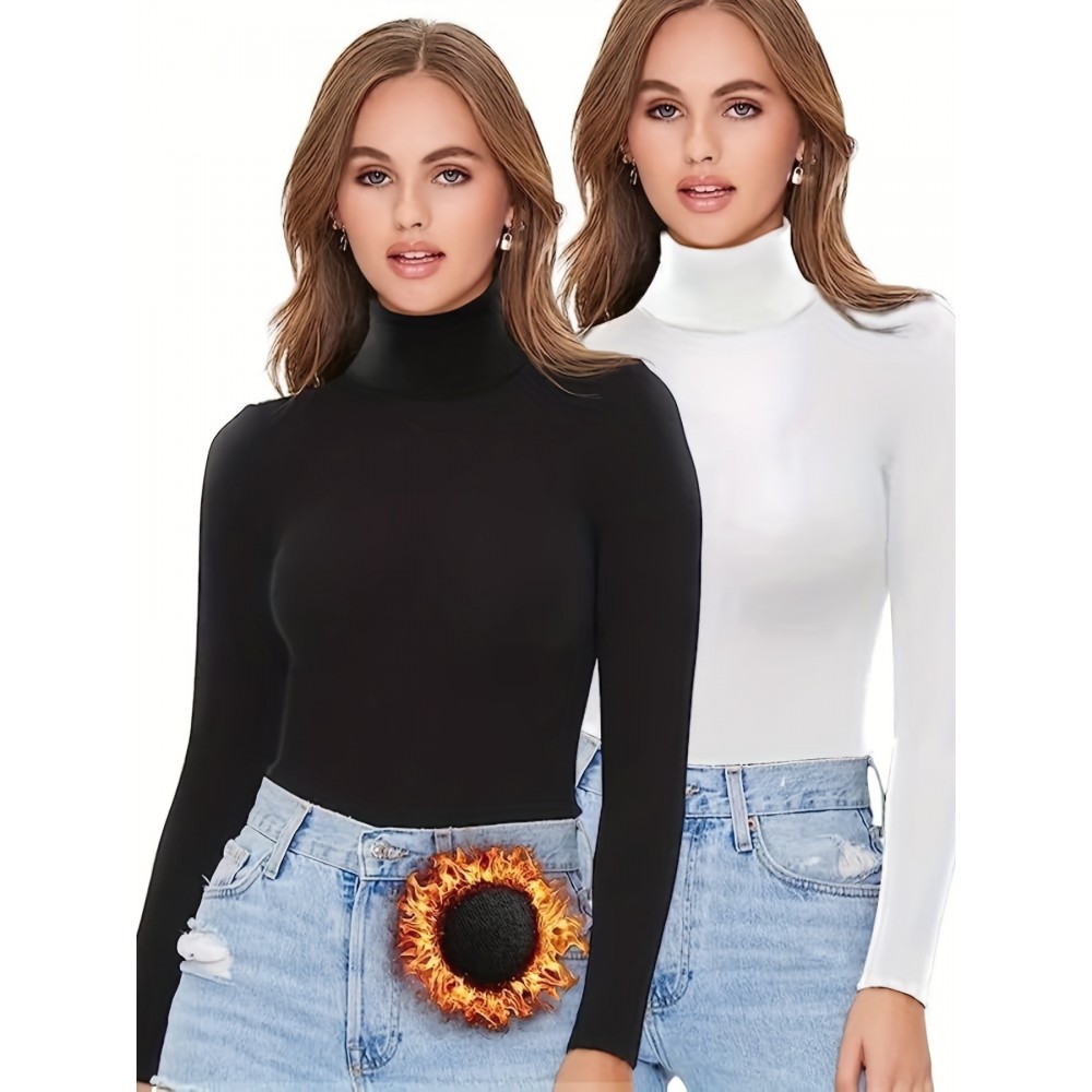 2 Packs Warm Turtleneck T-Shirts, Casual Long Sleeve Top For Spring & Fall, Women's Clothing 2 Packs Warm Turtleneck T-Shirts, Casual Long Sleeve Top For Spring & Fall, Women's Clothing