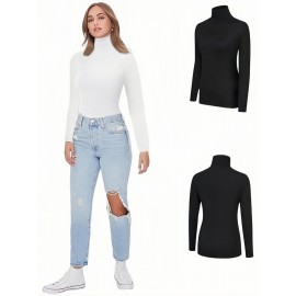 2 Packs Warm Turtleneck T-Shirts, Casual Long Sleeve Top For Spring & Fall, Women's Clothing 2 Packs Warm Turtleneck T-Shirts, Casual Long Sleeve Top For Spring & Fall, Women's Clothing
