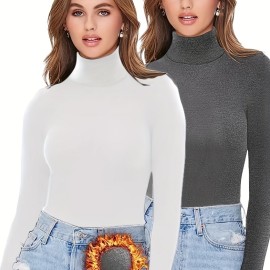 2 Packs Warm Turtleneck T-Shirts, Casual Long Sleeve Top For Spring & Fall, Women's Clothing 2 Packs Warm Turtleneck T-Shirts, Casual Long Sleeve Top For Spring & Fall, Women's Clothing