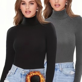 2 Packs Warm Turtleneck T-Shirts, Casual Long Sleeve Top For Spring & Fall, Women's Clothing 2 Packs Warm Turtleneck T-Shirts, Casual Long Sleeve Top For Spring & Fall, Women's Clothing