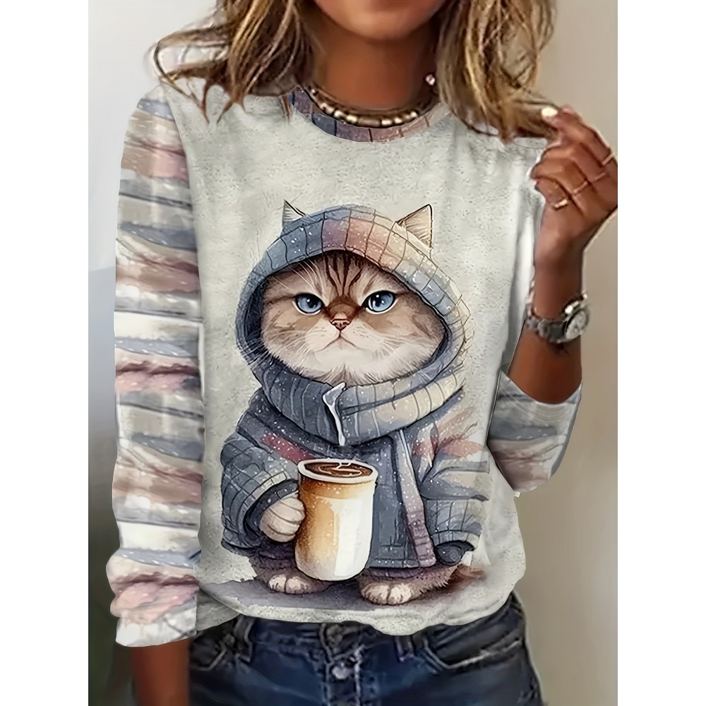 Cat Print Crew Neck T-shirt, Causal Long Sleeve Top For Spring & Fall, Women's Clothing Cat Print Crew Neck T-shirt, Causal Long Sleeve Top For Spring & Fall, Women's Clothing