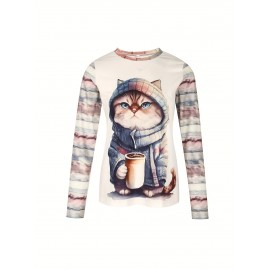 Cat Print Crew Neck T-shirt, Causal Long Sleeve Top For Spring & Fall, Women's Clothing Cat Print Crew Neck T-shirt, Causal Long Sleeve Top For Spring & Fall, Women's Clothing