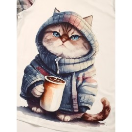 Cat Print Crew Neck T-shirt, Causal Long Sleeve Top For Spring & Fall, Women's Clothing Cat Print Crew Neck T-shirt, Causal Long Sleeve Top For Spring & Fall, Women's Clothing