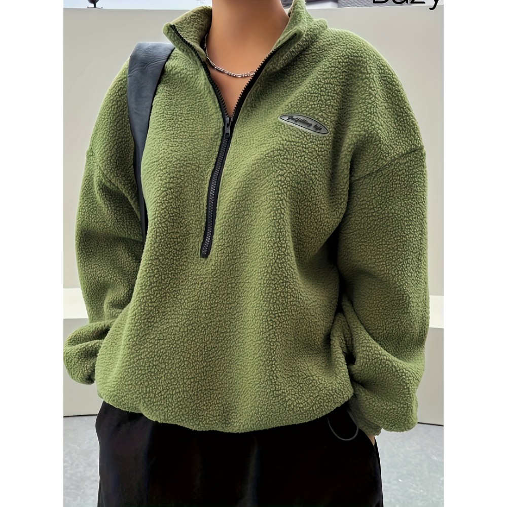 Solid Zip Front Plush Pullover Sweatshirt, Casual Long Sleeve Sweatshirt, Women's Clothing Solid Zip Front Plush Pullover Sweatshirt, Casual Long Sleeve Sweatshirt, Women's Clothing