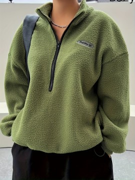 Solid Zip Front Plush Pullover Sweatshirt, Casual Long Sleeve Sweatshirt, Women's Clothing