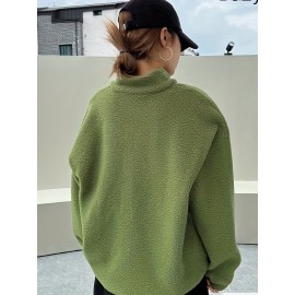 Solid Zip Front Plush Pullover Sweatshirt, Casual Long Sleeve Sweatshirt, Women's Clothing Solid Zip Front Plush Pullover Sweatshirt, Casual Long Sleeve Sweatshirt, Women's Clothing
