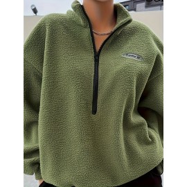 Solid Zip Front Plush Pullover Sweatshirt, Casual Long Sleeve Sweatshirt, Women's Clothing Solid Zip Front Plush Pullover Sweatshirt, Casual Long Sleeve Sweatshirt, Women's Clothing